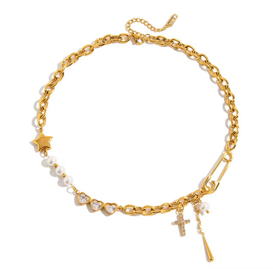 Asymmetric Pearl and Rhinestone Necklace