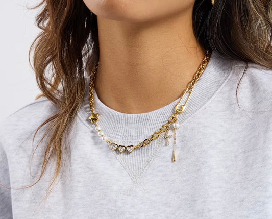 Asymmetric Pearl and Rhinestone Necklace