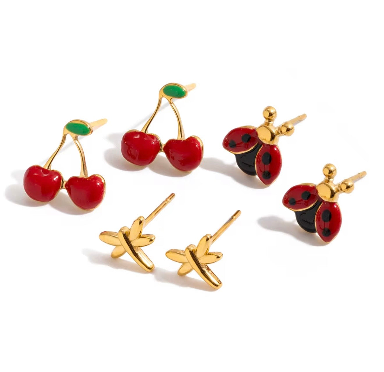 Ladybug Dragonfly Cherry Earrings Set