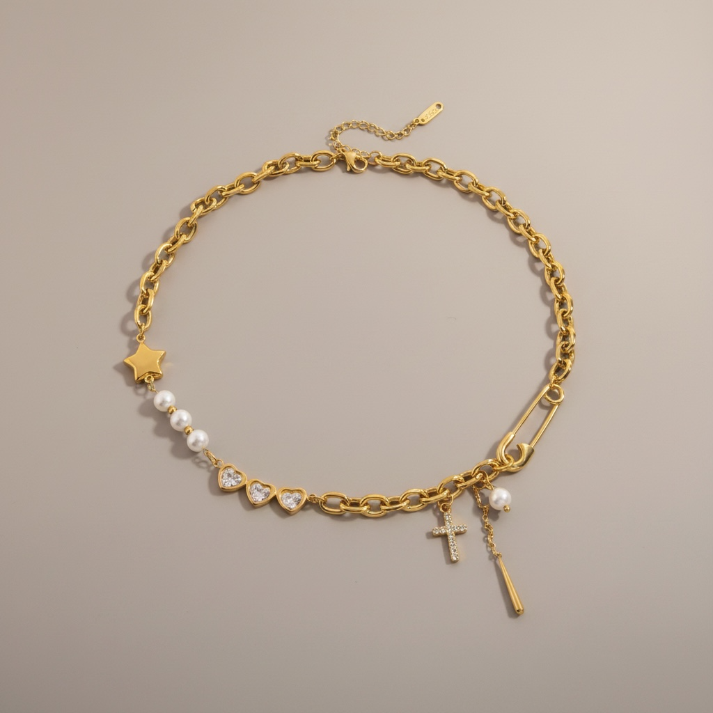 Asymmetric Pearl and Rhinestone Necklace