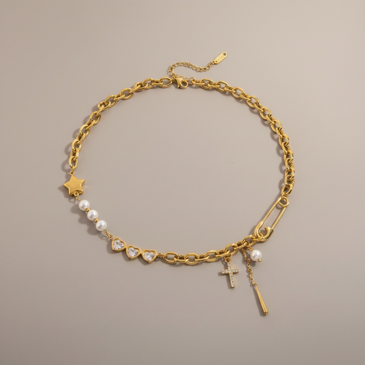 Asymmetric Pearl and Rhinestone Necklace